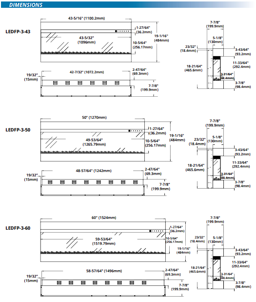 Framing Dimensions of 3 sided Electric Fireplace in 3 different sizes