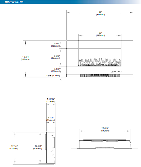 Framing dimension of 36 inch Electric Fireplace 